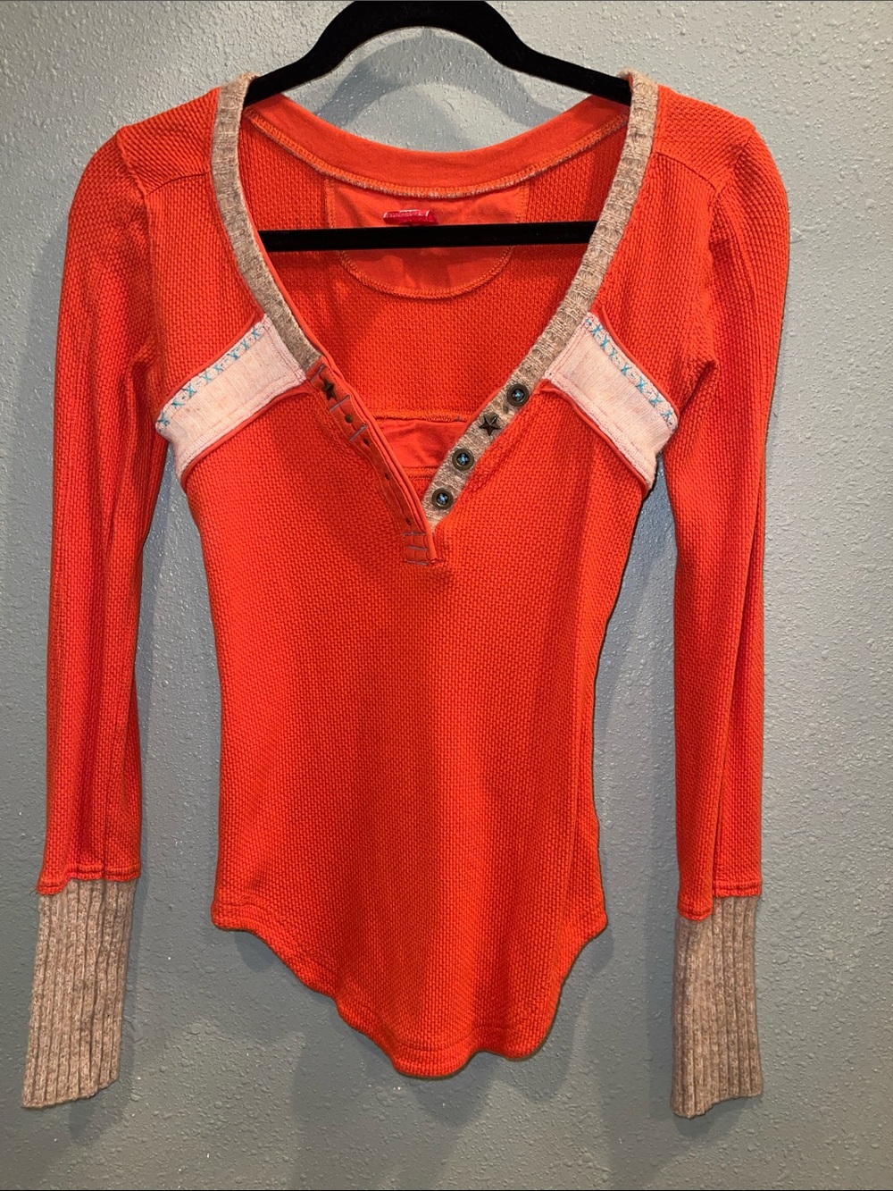 Free People Bright Orange Long Sleeve Henley with Beige Trim